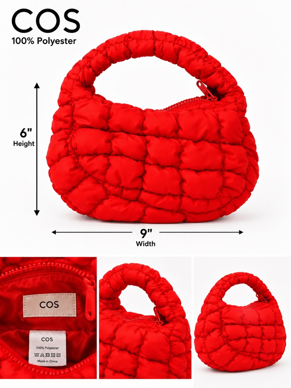 COS Red Quilted Micro Puffer Bag 100% Polyester Mini Top Handle Purse